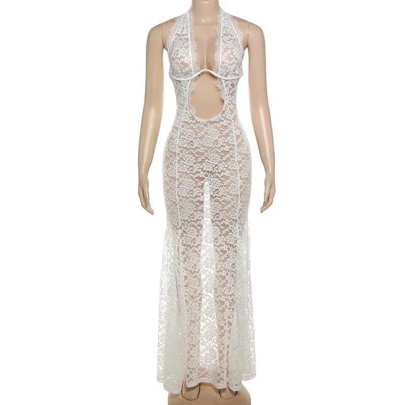 Vrouwen pure mesh mouwloze maxi-jurk coquette uitgesneden halter bodycon lange jurk dames feest strand backless jurk cover-up