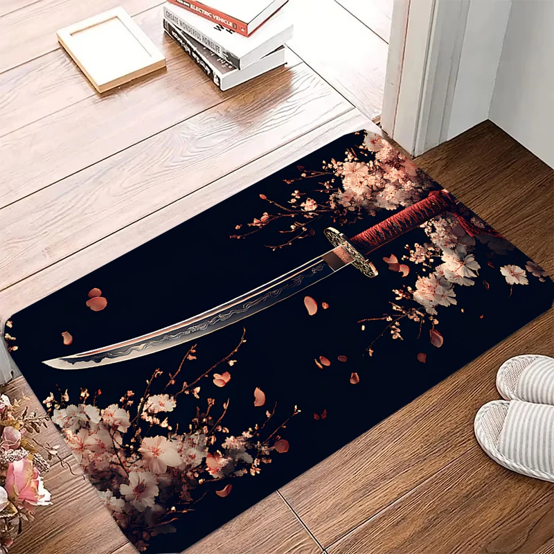 Japanese samurai sword Mat Home Indoor Welcome Cartoon Design Doormat Non-slip Entrance Floor Carpet  Bathroom Bedroom Rug