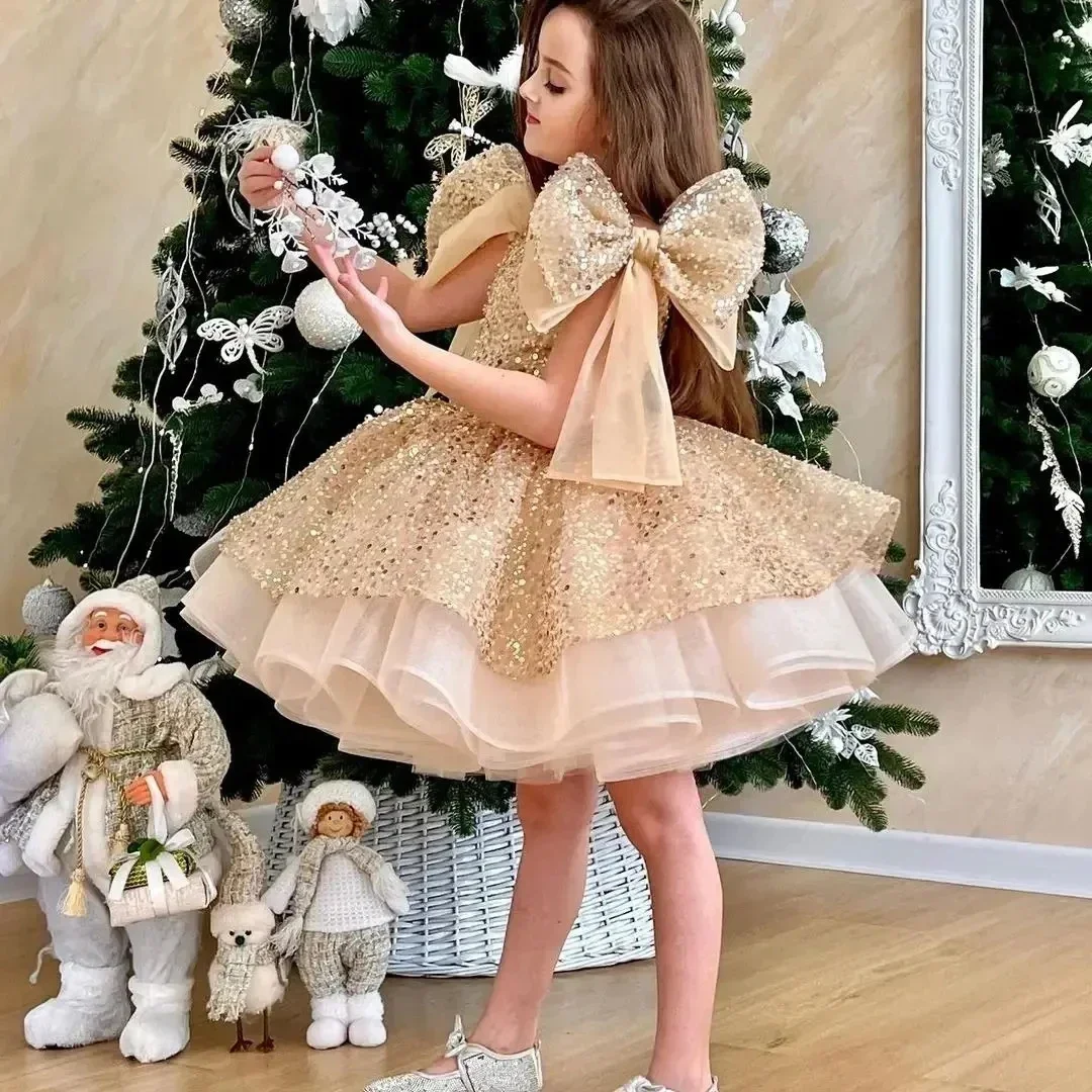 

Luxurious Champagne Baby Girls Dresses Tulle Tiered Infant Girls Birthday Party Gown Christmas New Year Dress Gift 1-11 Years