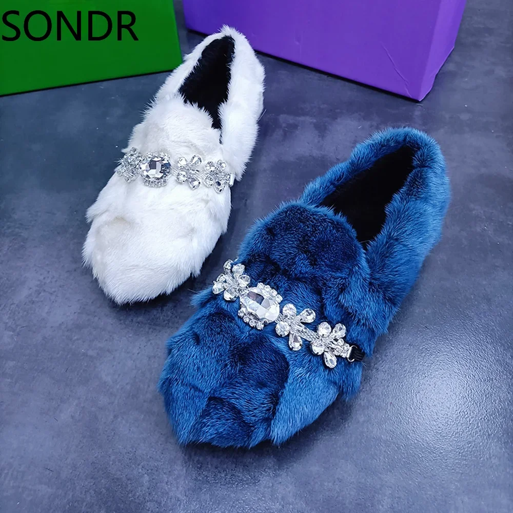 Womens Real Mink Fur Rainbow Colors Loafers Rhinestones Crystal Chain Flats Shoes 5Colors  New 2024