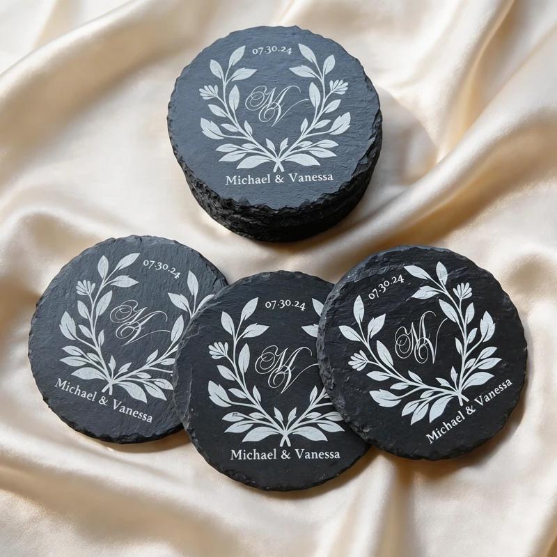 

Personalized Slate Coasters Round Black Natural Slate Coaster, Wedding Gift for Guests, Bachelorette Party Gifts, Birthday Gifts