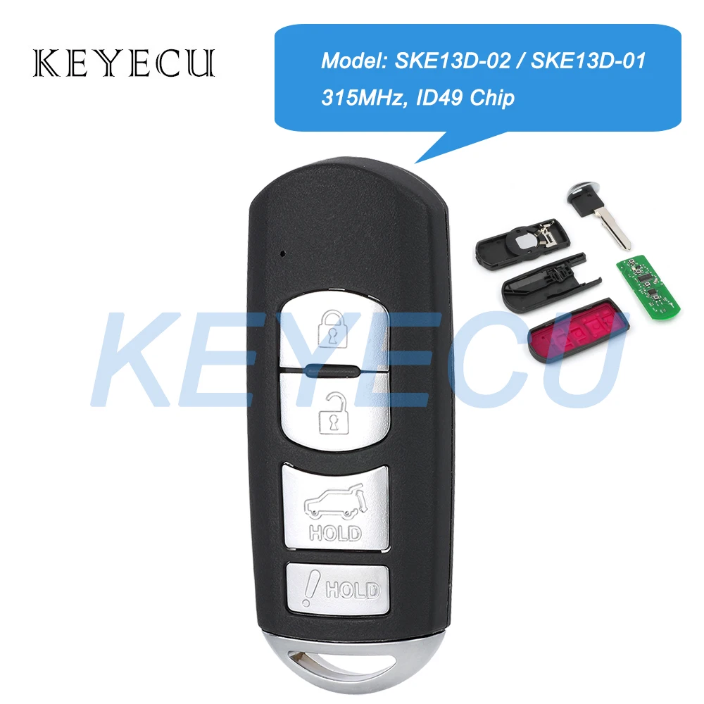 Keyecu Proximity Smart Remote Auto Car Key fob 315MHz PCF7953P 49 Chip for Mazda CX-5 CX-9 2016 2017 2018 2019 SKE13D-02 / 01