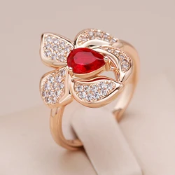 Kinel Luxury Red Natural Zircon Flower Big Ring for Women Fashion 585 Rose Gold Color Vintage Wedding Bride Fine Daily Jewelry