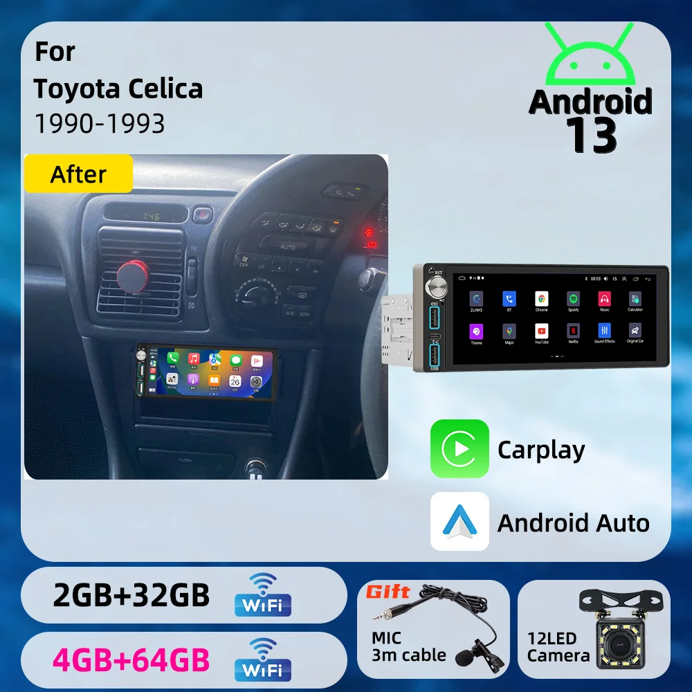 6.86 inch Android 1Din Car Screen Car Multimedia Autoradio Radio Head Unit Stereo for Toyota Celica 1990-1993 Carplay GPS