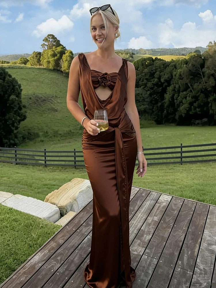 Elegancka długa sukienka damska Kliou z satyny jedwabnej, ozdobiona kwiatami 3D, z dekoltem typu swing, bez rękawów, z wysokim stanem, suknia wieczorowa, vestidos.