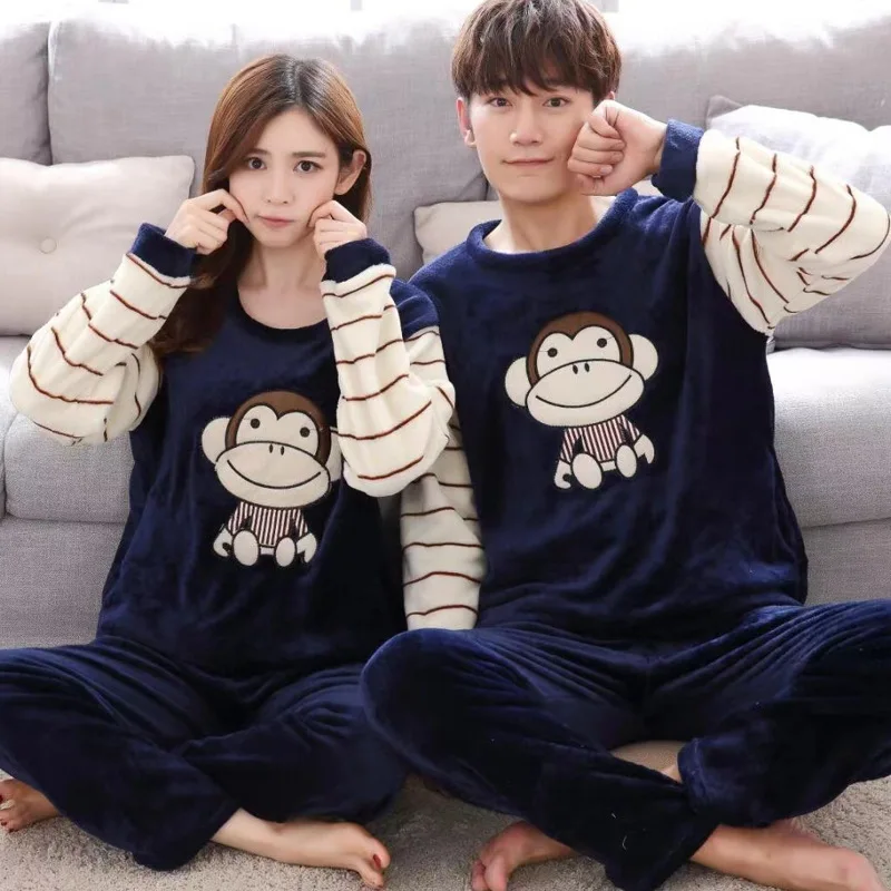 2PCS/Set Thickened Warm Sleepwear Fall and Winter Coral Velvet Couples Pajamas Men and Women Padded Home Wear Plush Loungewear