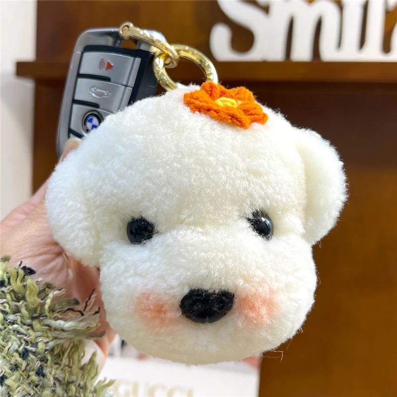 Sweet Plush Toy Puppy Real Wool Fur Keychain Cute Dog Head Women's HandBag Pendant Car Key Ring Trinkets Kids Birthday Gift