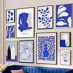 Blue Modern Minimalism Abstract Line Girl Bird Vase Nordic Wall Art Canvas Painting Poster Living Room Decor Print Wall Picture