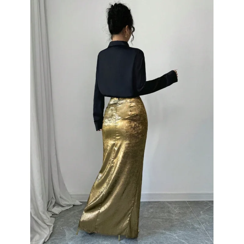 Women's Two-piece Set With Long-sleeved Button-up Shirt And Metallic High-waisted Slit Long Skirt, Suitable For Party Nights