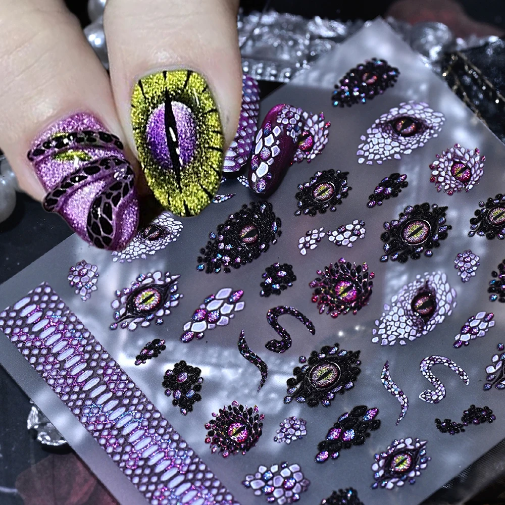 1Pcs Purple Snake Prints & Evil Eye Halloween Nail Sticker 5D Embossed Gothic Ghost Scale Demon Eye Nail Decals Y2k Manicure Dec