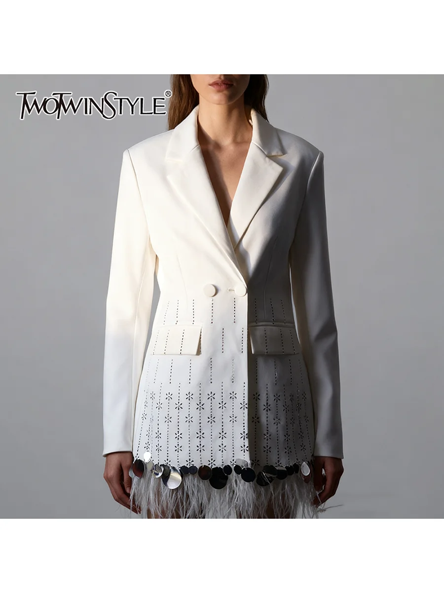 TWOTWINSTYLE Solid Spliced Hot Fix Fashion Blazers for Women Lapel Long Sleeves Patchwork Feathers Elegant Blazer Female Clothes