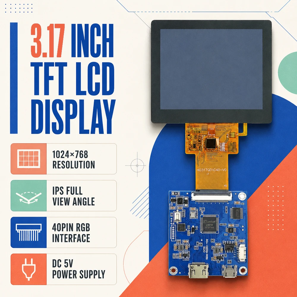 3.17 Inch TFT LCD Display Module HD 1024*760 IPS Full View Screen Modules HDMI JD9168 Driver IC MIPI RGB USB 5V Interface 40Pin