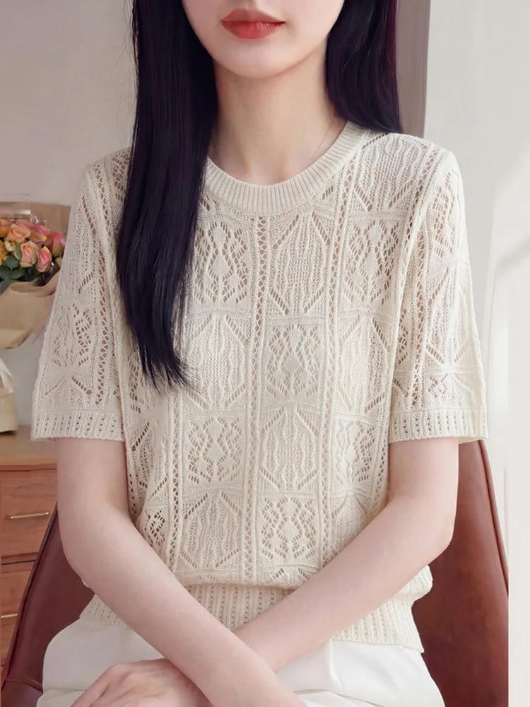 

Ladies' Casual Style Short Sleeve Knitted T-Shirt Hollow out Thin round Neck Breathable Hollow Micro through Top T-Shirt