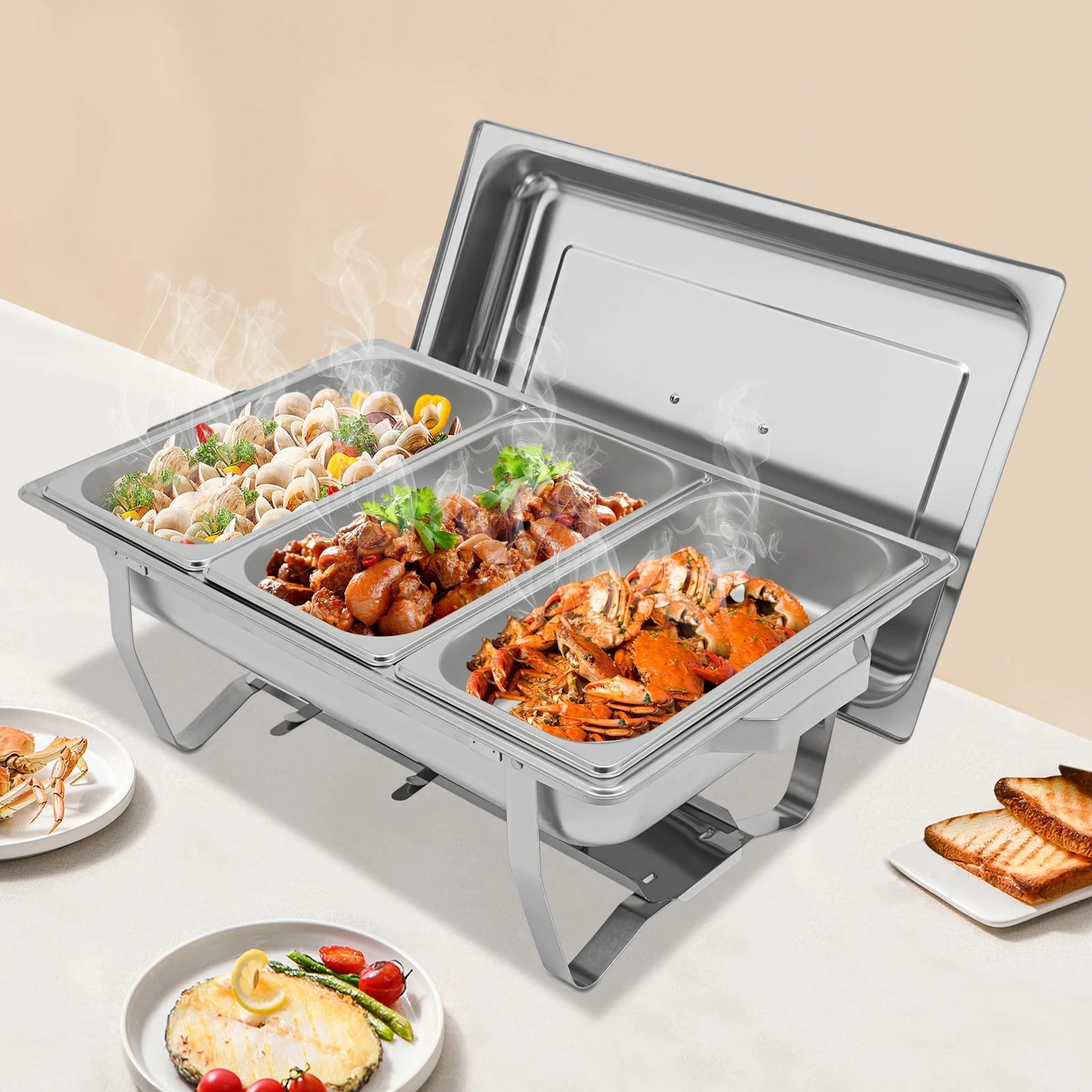 5L Chafing Dish Buffet-Set, Edelstahl-Eisen-Buffetschalen-Erwärmungsset, 3 Schlitze, rechteckiges Catering-Chafer-Wärmer-Set für Lebensmittel warm