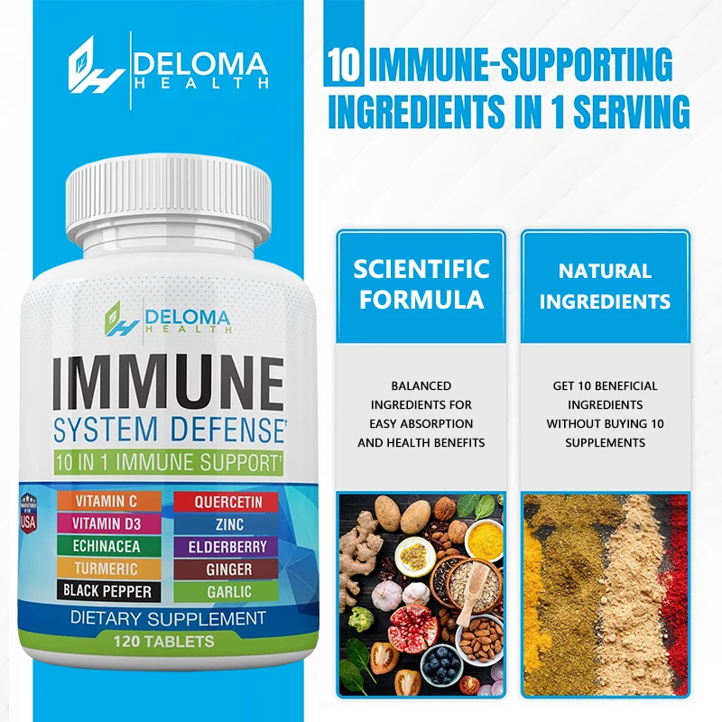 10-in-1 Immune System Defense Supplement - Vitamin C, Vitamin D3, Zinc, Elderberry, Echinacea, Turmeric, Ginger, Garlic