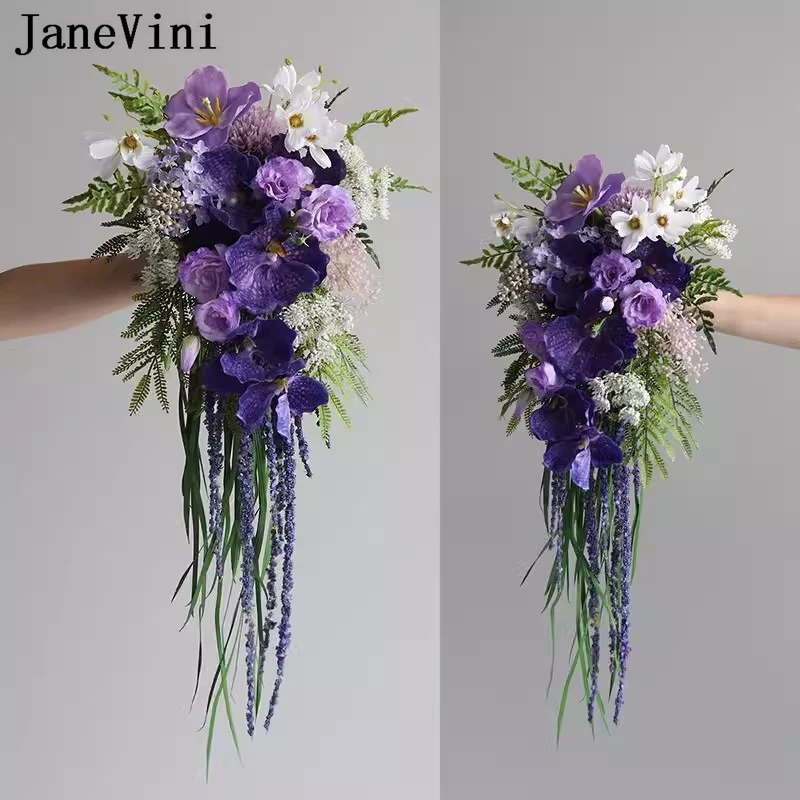 JaneVini Vintage Purple Waterfall Wedding Flowers Bridal Bouquets Artificial Silk Cascading Bride Bouquet Mariee Artificiel 2024