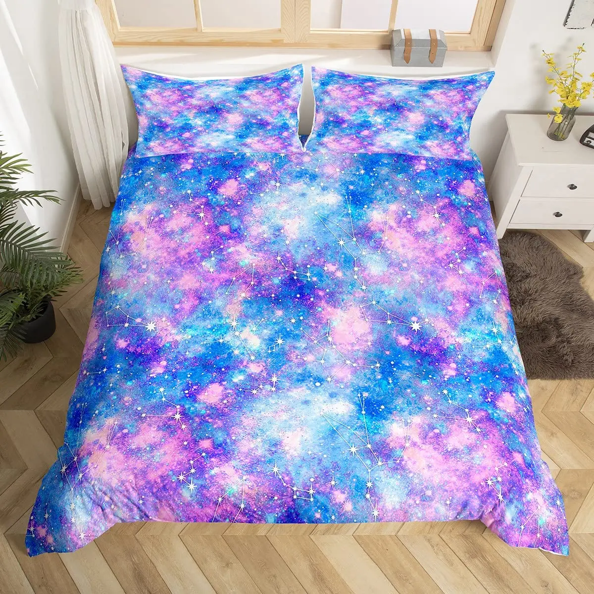 Sparkling Stars Bedding Set Galaxy Duvet Cover,Constellation Astrology Zodiac Nebula Comforter Cover Pink Horoscopes Quilt Cover