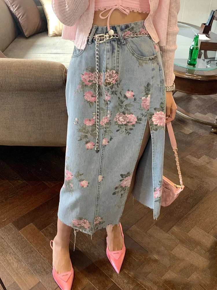 

Long Split Jean Skirt Women High Wasit Patchwork Korean Fashion Sexy Straight Denim Skirt Floral Print Streetwear Summer 2024