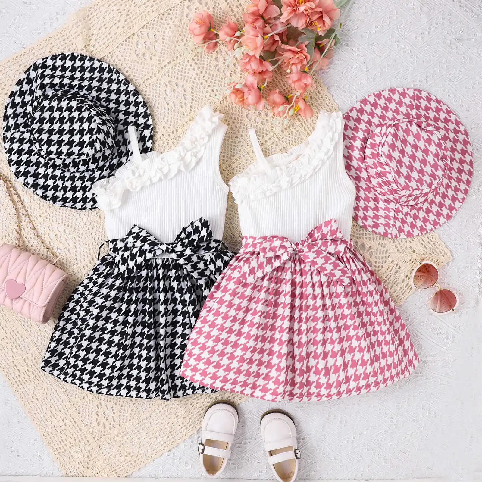 

For 4-7Y Girls Dress Clothing Sets New Summer Sweet Lace Oblique Shoulder Strap Bird Checker + Hat Dress Lovely Princess Dresses