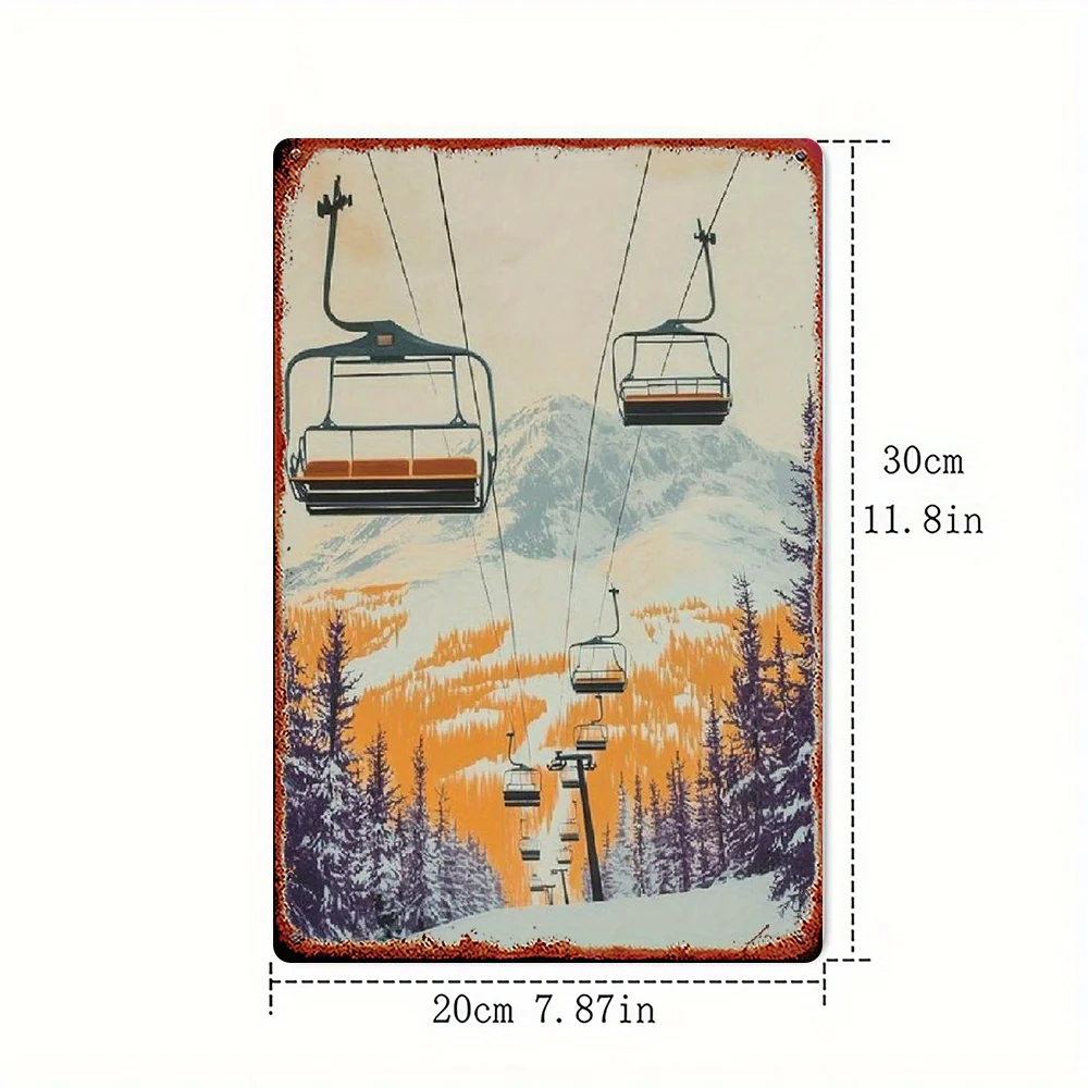 2D Flat, 2D Flat Plane, 1pc Vintage Winter Ski Lift Metal Sign - 8x12 Inch Vintage Wall Art with Snowy Mountain and Birch Tree D