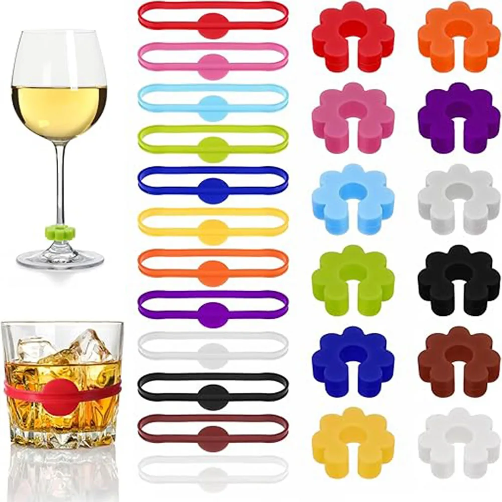 Dijes reutilizables de silicona para copa de vino, bandas marcadoras para bebidas, etiqueta de tira para botellas, identificadores de vidrio para fiesta, cóctel, champán