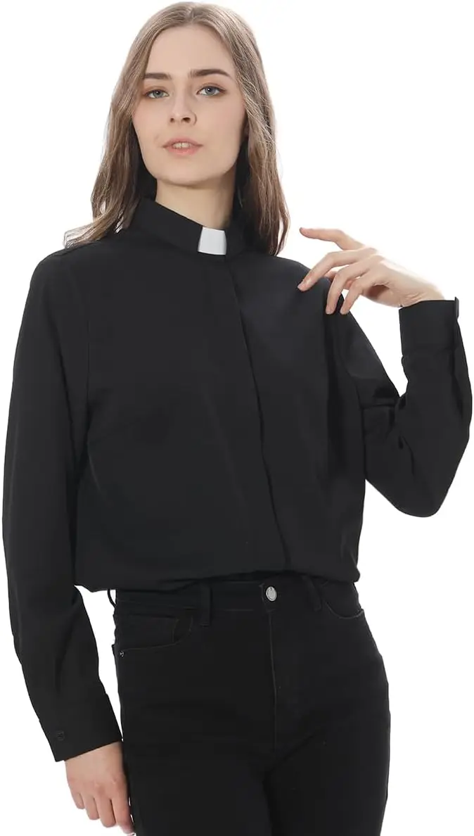 Camisa Priest Clergy para mulheres Pastor Tab Collar Lady Button Front Clerical Camisa de manga comprida