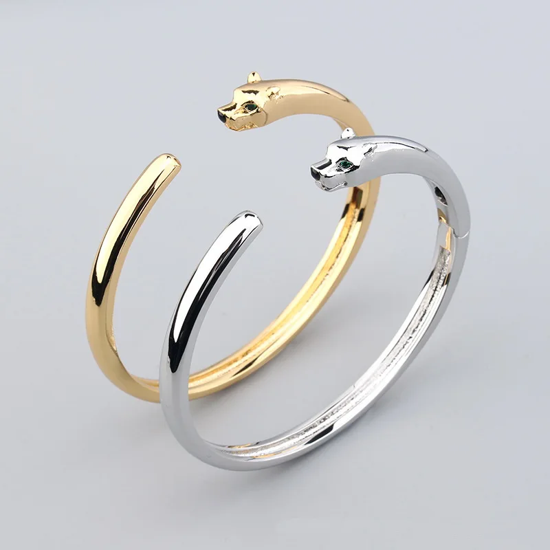 Europe America Fashion Style Men Women Lady Plated Gold Color Inlay Cubic Zircon Green Eyes Leopard Open Ring Bracelet