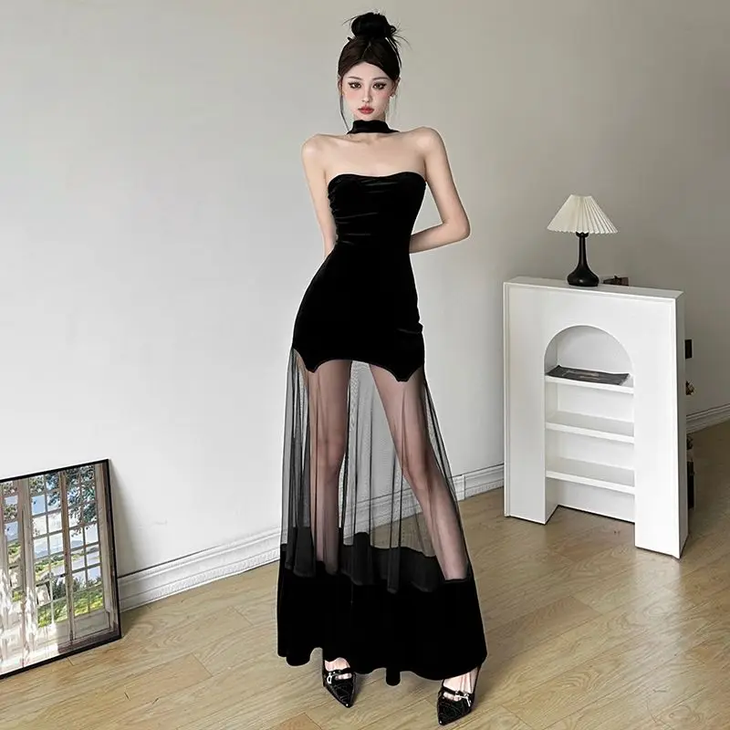 CUTENEW French Style Chic Black Hanging Neck Dress with Mesh Mesh Splicing for Women Slimming and Highlighting Body Long Dress