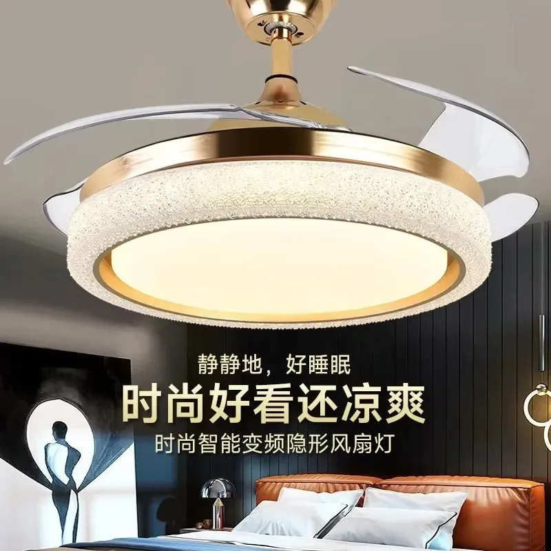 Lamp Light Luxury Crystal Fan Chandelier Living Room Bedroom Golden Variable Frequency Light Full Spectrum Ceiling Fan Lights
