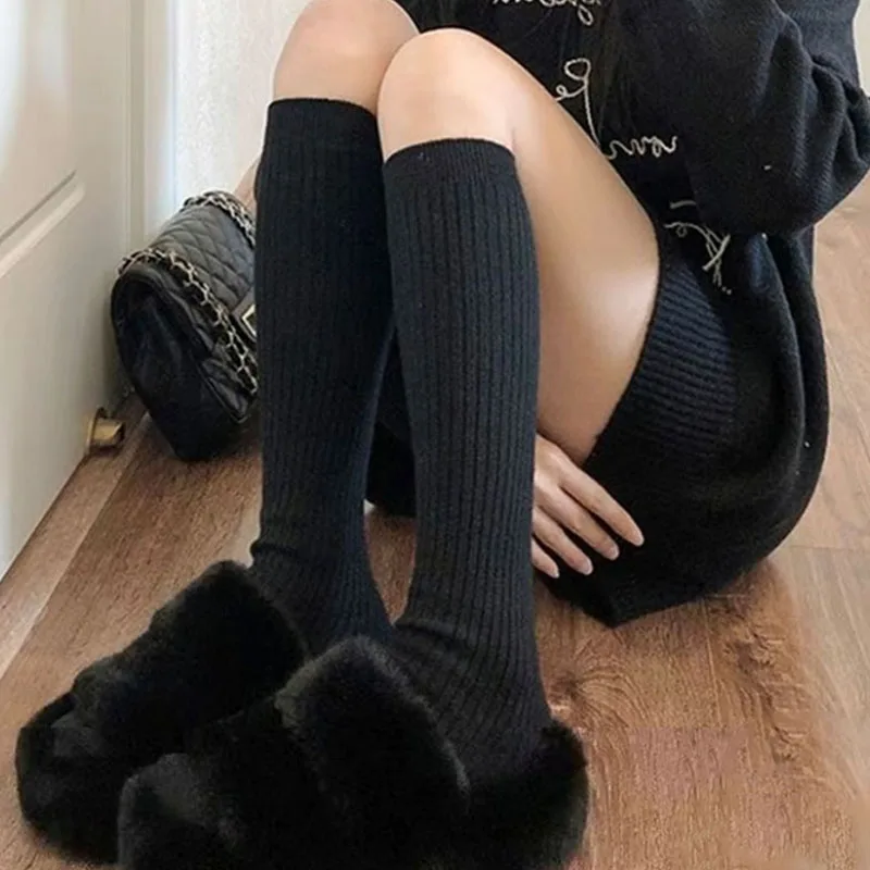 

Autumn and Winter Women's Knitted Socks Soft Wool Long Sock Solid Color Vertical Bar Warm Knee Length Sock Fashion Lolita Socks