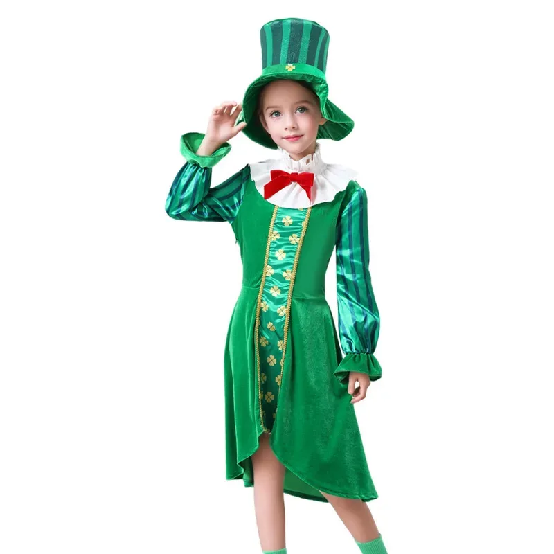 Kids Boys Girls Irish Leprechaun Green Fancy-dress Outfit St Patricks Day Party Costume Halloween Stage Program Perfoemance Wear
