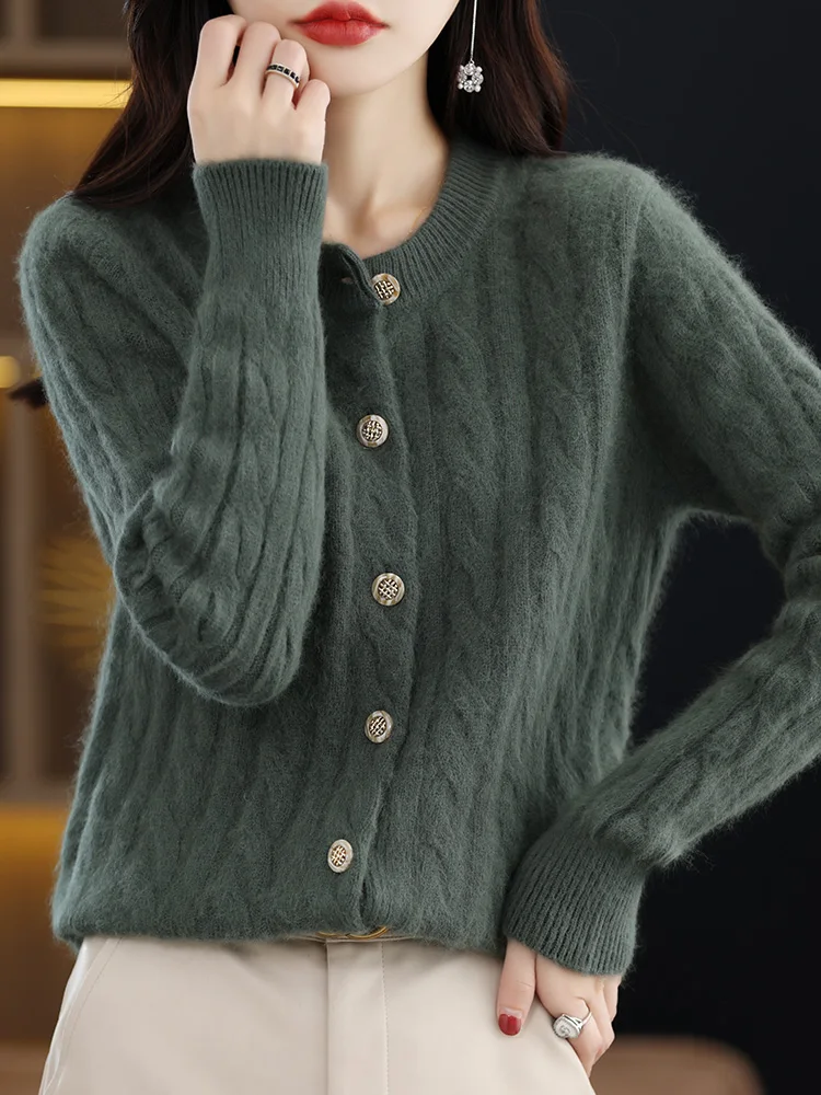 Women Sweater Cardigans O-neck 100% Mink Cashmere Knitwear Autumn Winter Twist Flower Long Sleeve Thick Warm Female Clothing Top