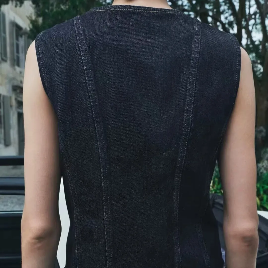 

Новый осенний женский круглый джинсовый жилет Ne Svel ort Slim Fit irt с отделкой на подоле, универсальный сарафан, застежка на одной пуговице...