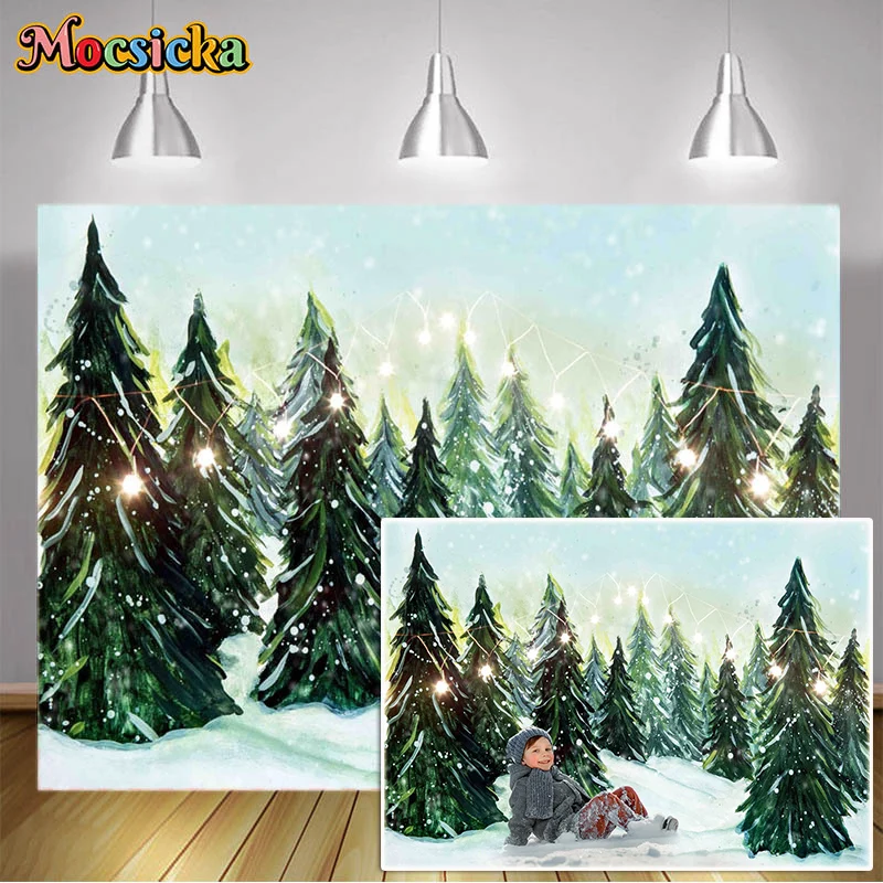 

Winter Forest Photography Backgrounds Snow World Luminous Strip Xmas Decor Backdrops Children Portrait Photo Studio Photozone