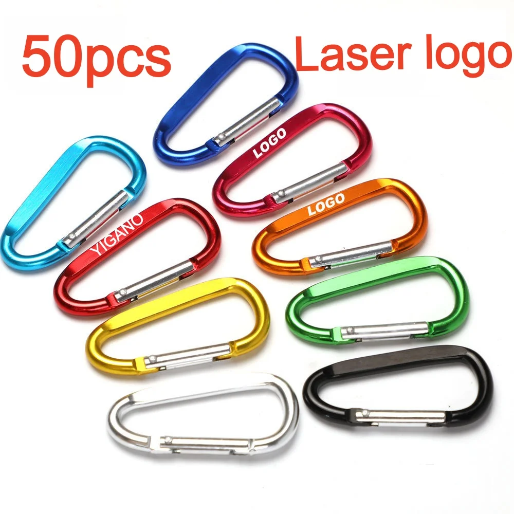 

Лазерный логотип, 50 шт. алюминиевых карабинов-брелоков, D-образные кольца, незащелкивающиеся карабины-крючки