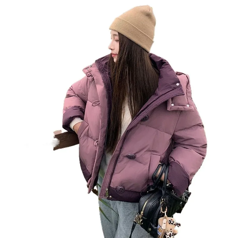 여성용 짧은 한국 스타일 보라색 멋진 배색 두꺼운 후드 겨울 재킷 신상 솜 패딩 옷