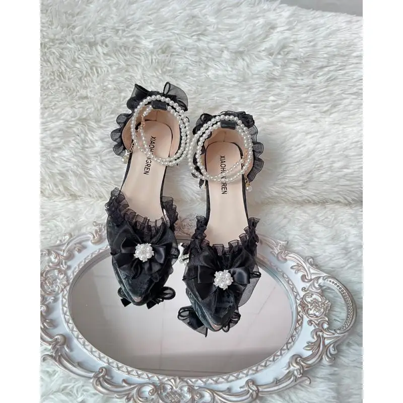 

Женские туфли-лодочки на массивном каблуке с острым носком, украшенные бантом и жемчужной цепочкой, удобные, на низком каблуке, для свадьбы и вечеринок