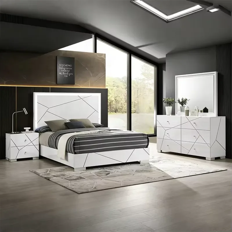 4 Piece King Bedroom Set High Gloss Bed Dresser Nightstand 5 Sets Modern Furniture Suite White Black Gray Home Decor