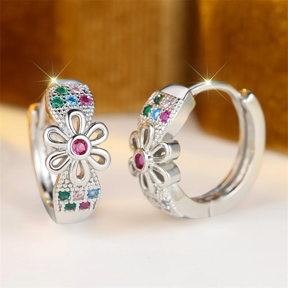 Cute Sun Flower Multicolor Zircon Hoop Earrings For Women Vintage Gold Silver Color Ear Buckle Wedding Party Jewelry Bridal Gift