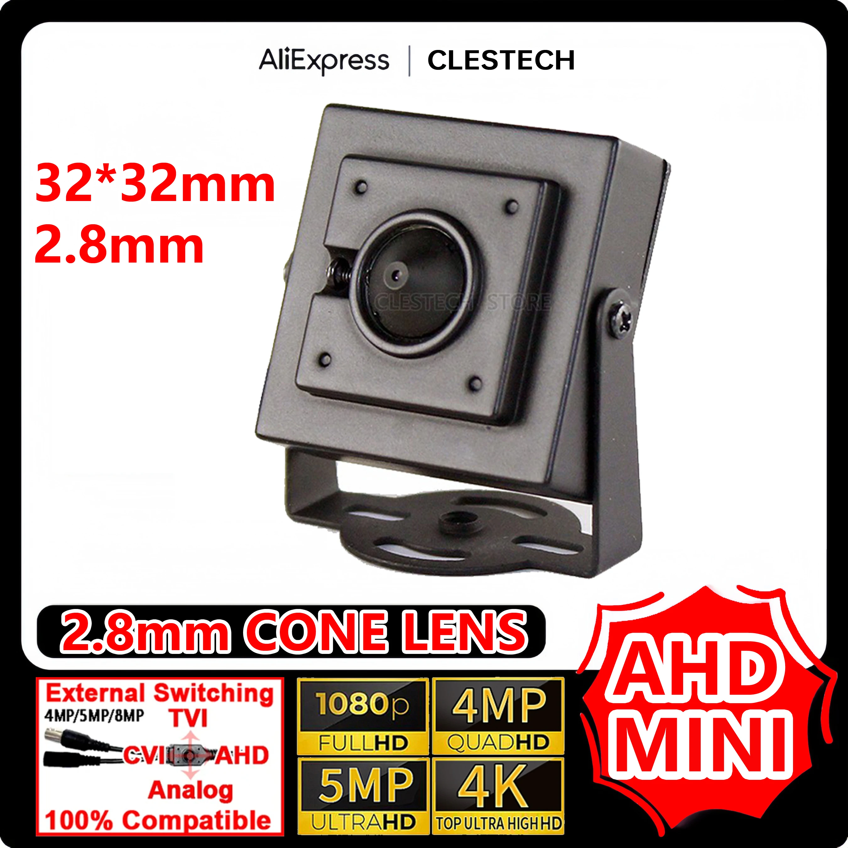 2.8mm Cone Lens 4K-N 5M 5M-P 2MP AHD Mini Camera 4in1 OSD Cable Metal HD Security Cctv Super Small Digital Analog Video 32*32mm