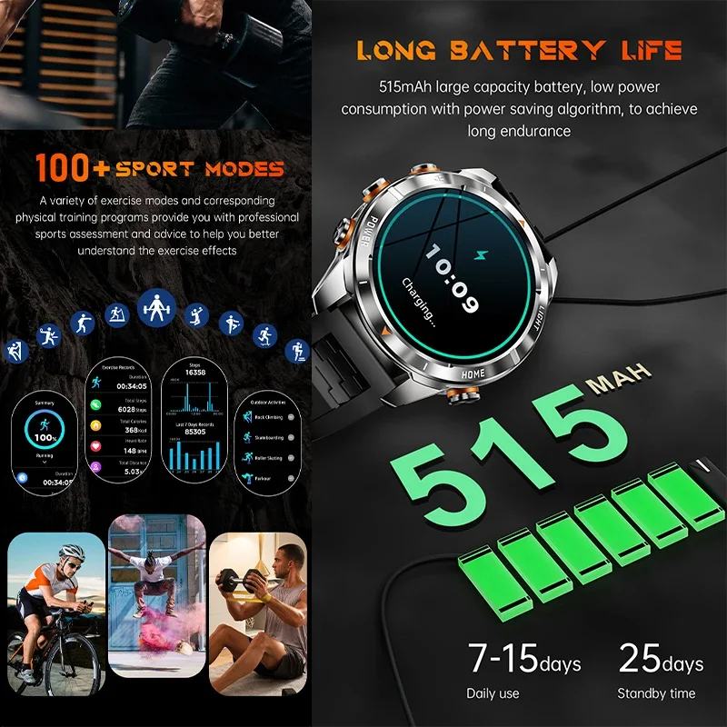 New For Huawei Outdoor Sports Men Smart Watch LED Flashlight IP69K 10ATM Waterproof 100+ Sports Modes 515mAh BT Call Smart Watch