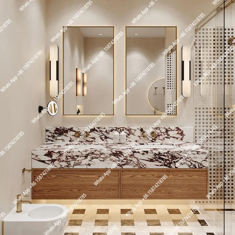 J Calacatta Stone Double Sink Vanity, Designer Combination Basin Bathroom Cabinet, Scratch Resistant, Antibacterial, Customize