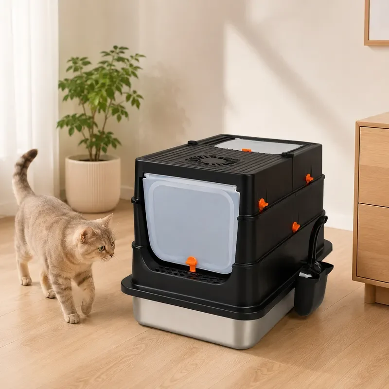 Large Stainless Steel Cat Litter Box Fully Enclosed Drawer Design Splash Proof Sand Resistant Airtight Odor Control Removable