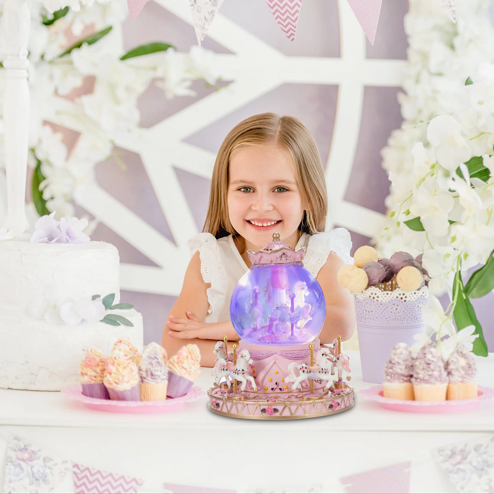 Rotating Carousel Music Box Crystal Ball Light-up Snow Globe Wind-up Musical Box Colorful Lights Cute Little Horses