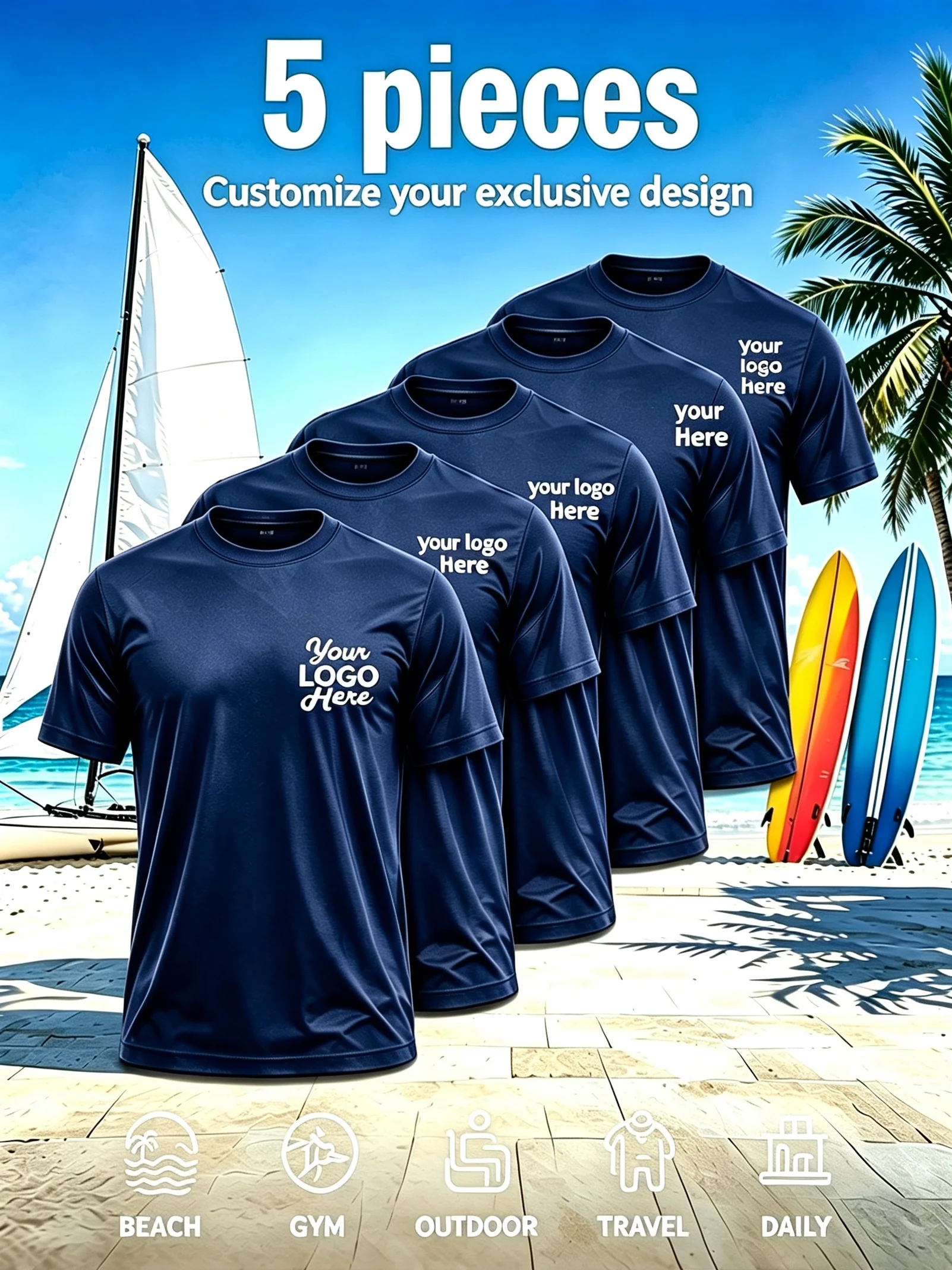 5pcs Men's Custom T-Shirts - Personalized with Your Own Pattern or Logo - Ideal for Running, Dancing, Swimming, and Other Sports