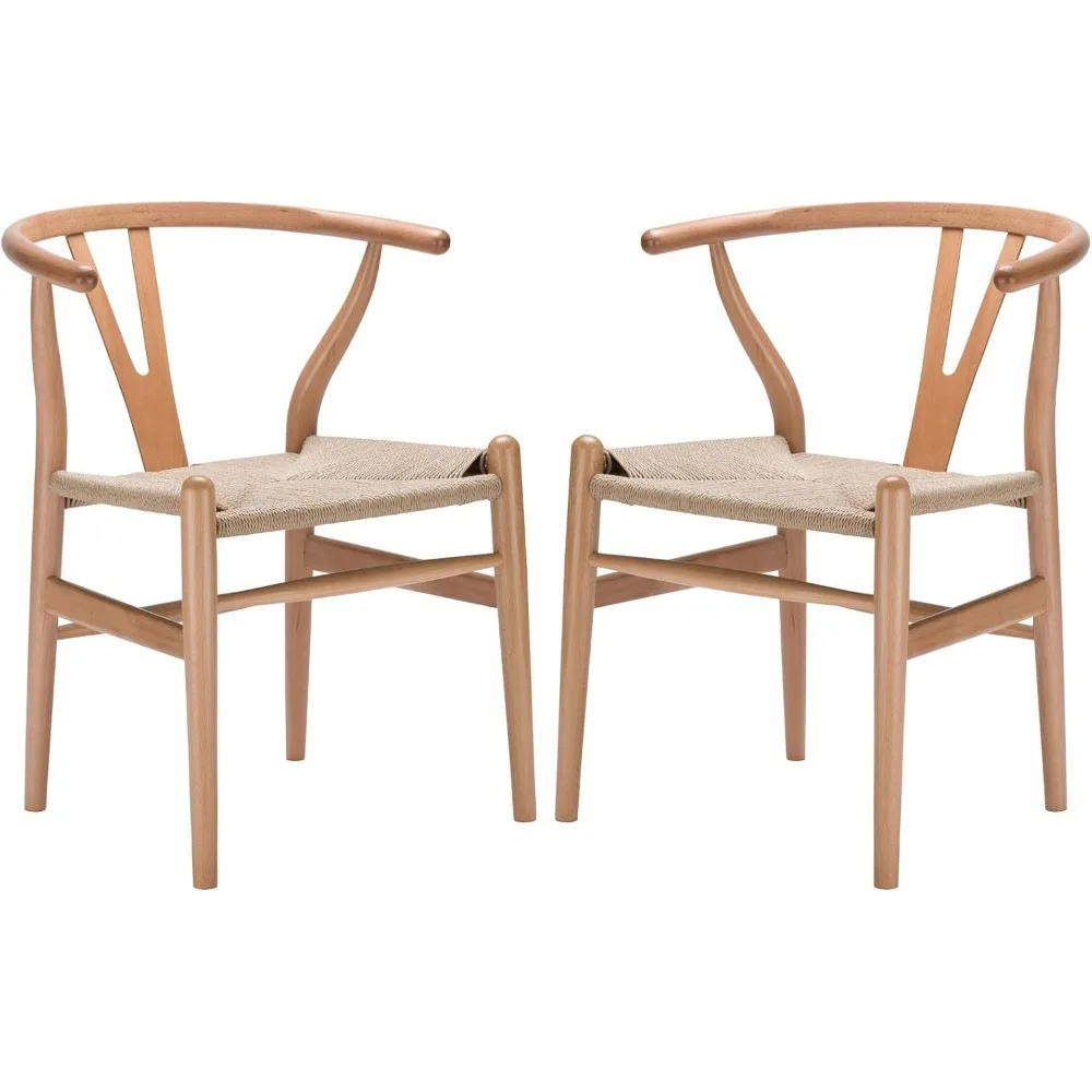 Poly and Bark Weave Modern Wooden Mid-Century Dining Chair, Hemp Seat, Natural