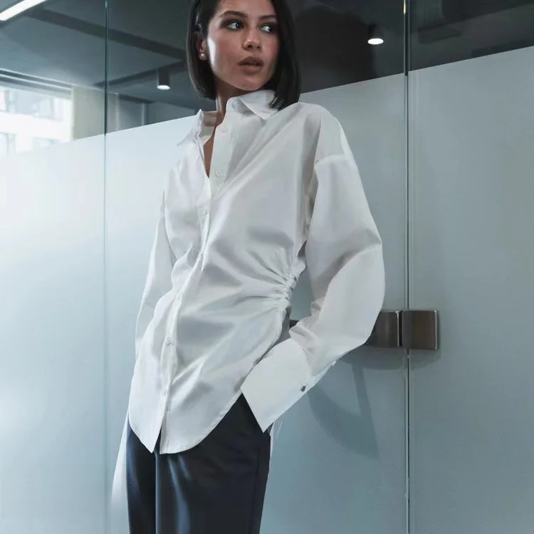 

Slim Fit irt Stand Collar Waist Cinching Long Sve Ne Button Detail Pure Color Commute Sle Women's Premium Faion