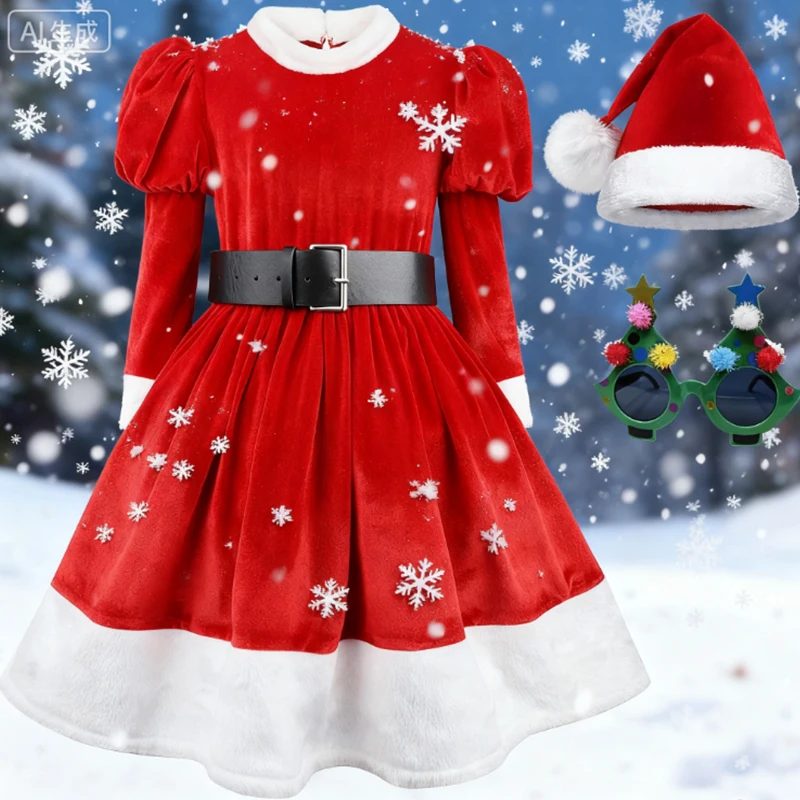 4PCS Santa Claus Cosplay Costume Boys Girls Xmas Costume Red Velvet Princess Dress Kids Mr Mrs Claus Christmas Cosplay Outfits