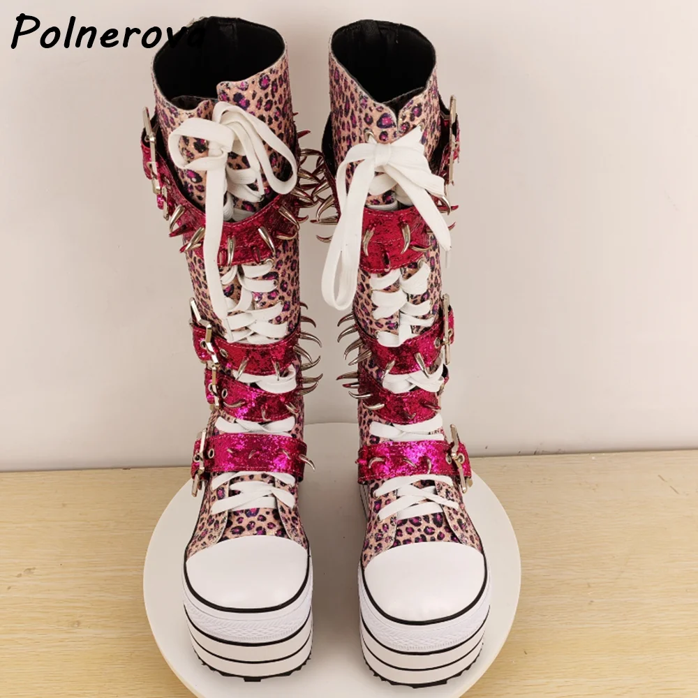 ليوبارد المسامير الوردي الأحذية جولة تو منصة سميكة سوليد المشارب عبر تعادل منتصف العجل الأحذية الخماسي مشبك الشتاء أحذية مثيرة #1