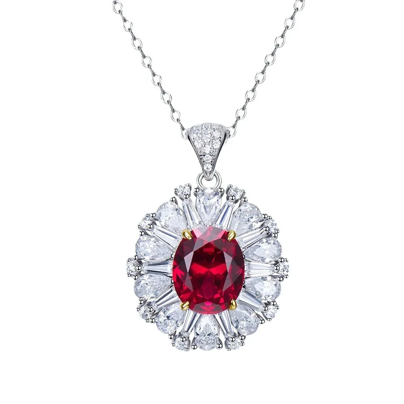 

New European and American S925 Silver Ruby 9 * 11 Necklace Women's Collar Chain Vintage Style Pendant Women's Fashion Versatile